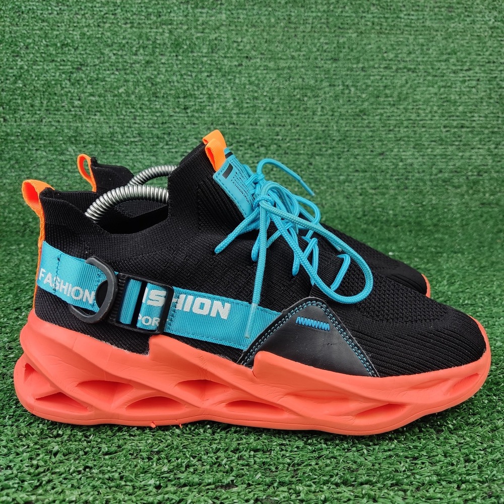 Fashion Sneakers Mens 7.5 Black Orange Blue Blade‎ Sport Running Shoes Knit Low